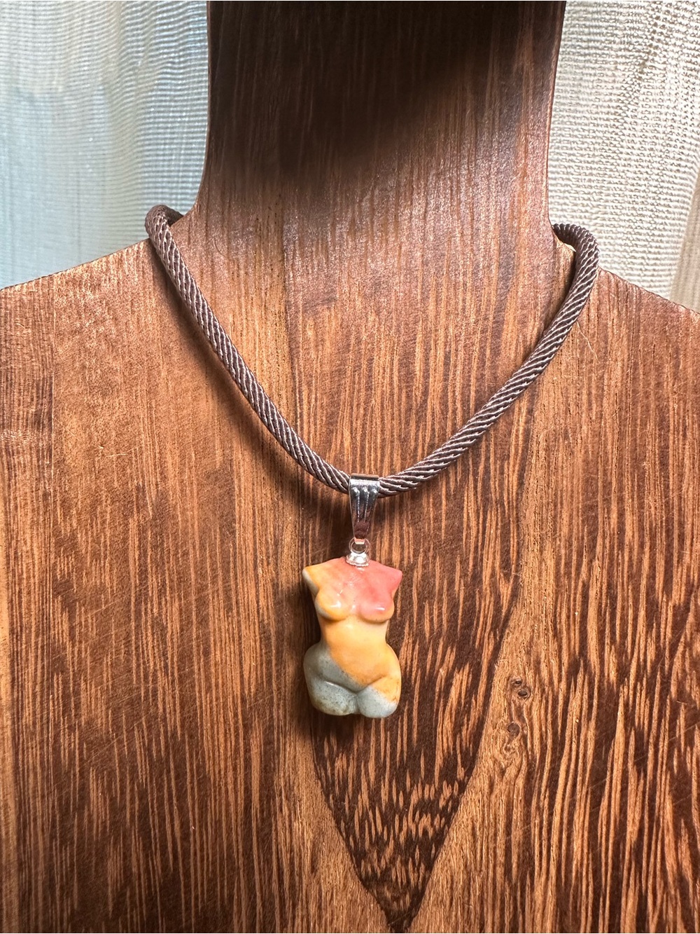 Multicolor Mini Agate Body Carving Pendant Necklace on Brown Rope - Picture 6 of 16
